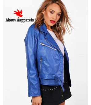 New-Custom-Blue-Women--Leather-Biker-Jacket