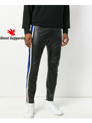 New-Men-Striped-Leather-Trousers-Mixed-Color-Motorcycle-Nightclub-Pants
