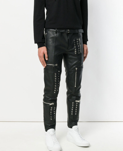 Biker-Trouser-Men-Leather-Denim-Splices-Skinny-Pencil-Punk-Casual-Zip-Pant