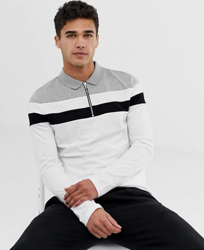 Design-Long-Sleeve-Polo-Shirt-With-Zipper-Neck-&-Body-Sleeve-Color-Block-In-White