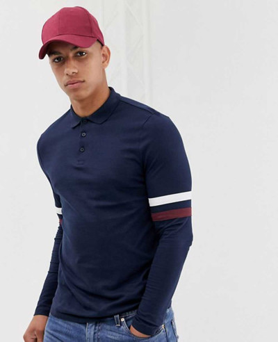 Design-Organic-Long-Sleeve-Polo-Shirt-With-Contrast-Sleeve-Stripe-In-Navy