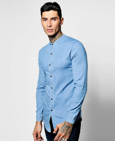 High-Quality-Men-Denim-Chambray-Shirt-with-Grandad-Collar
