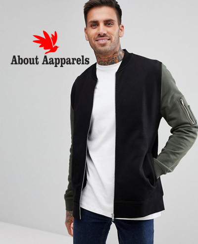 Jersey-Bomber-Jacket-With-Contrast-Sleeves-And-Pocket-In-Black