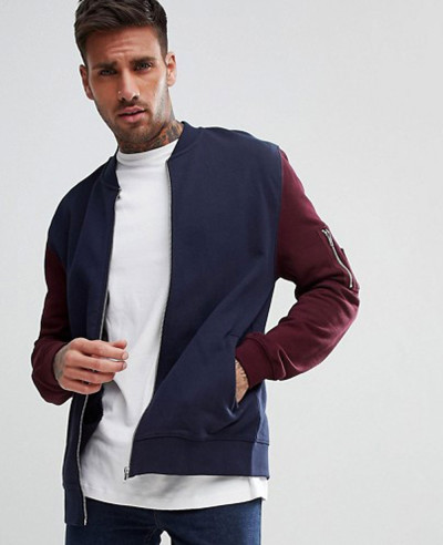 Jersey-Bomber-Jacket-With-Contrast-Sleeves-And-Pocket-In-Navy