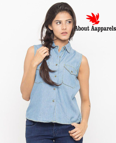 Light-Blue-Denim-Short-Button-Down-Cropped-Shirt-Pocket