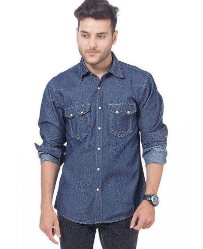 Men-Dark-Blue-Denim-Shirt-with-Snap-Buttons