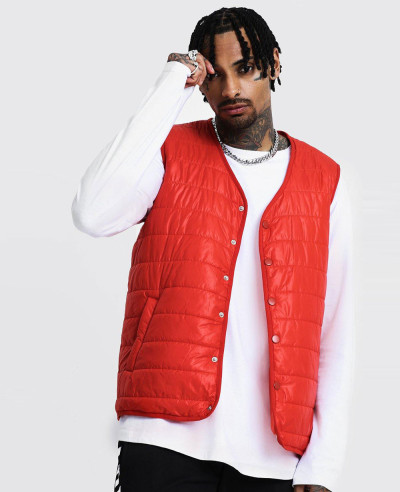 Men-Red-Popper-Front-Sleeveless-Butten-Padded-Gilet