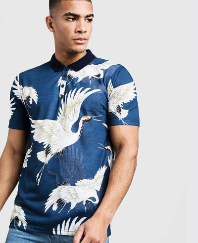 Men-Sublimation-Short-Sleeve-Oriental-Crane-Print-Polo-Shirt