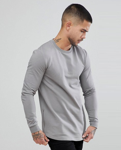 Muscle-Longline-Sweatshirt-With-Side-Zips-&-Curved-Hem-In-Grey