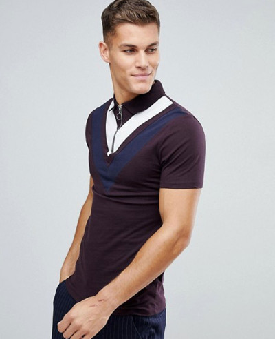 Muscle-Polo-Shirt-With-Double-Chevron-Panel-And-Ring-Zip-Neck