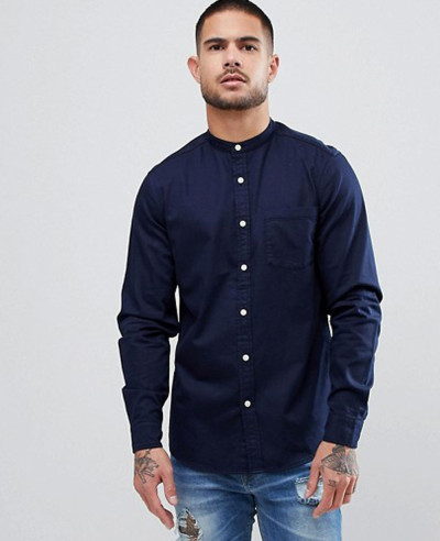 Navy-Blue-Stretch-Slim-Denim-Shirt-With-Grandad-Collar