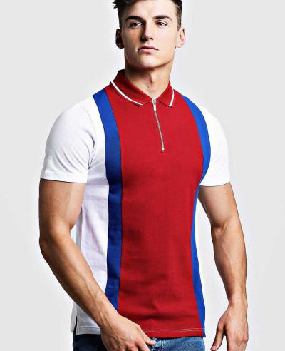 New-Block-Color-Block-Pique-Zipper-Polo-Shirt