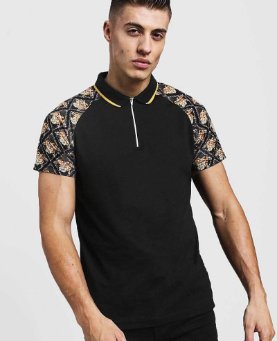 New-Branded-Baroque-Sleeve-Print-Polo-With-Zipper-Placket