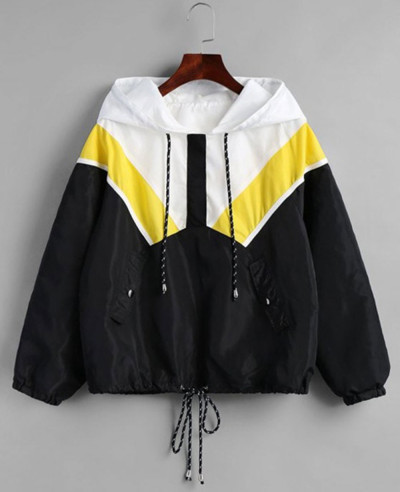 New-Half-Zipper-Contrast-Hooded-Windbreaker-Jacket-Black
