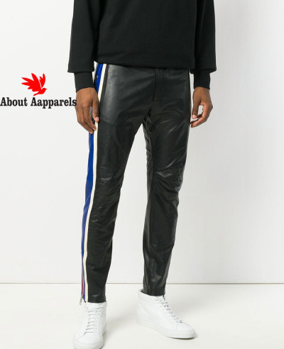 New-Men-Striped-Leather-Trousers-Mixed-Color-Motorcycle-Nightclub-Pants