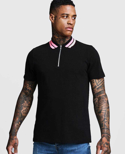 New-Stylish-Pique-Zipper-Through-Polo-Shirt-With-Stripe-Collar
