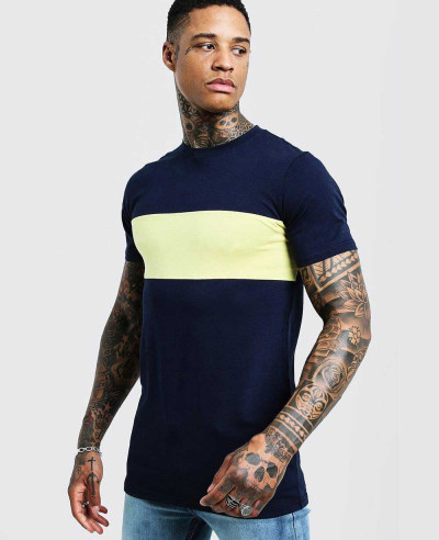 New-Trendy-Men-Muscle-Fit-Longline-Colour-Block-Tee-Shirt