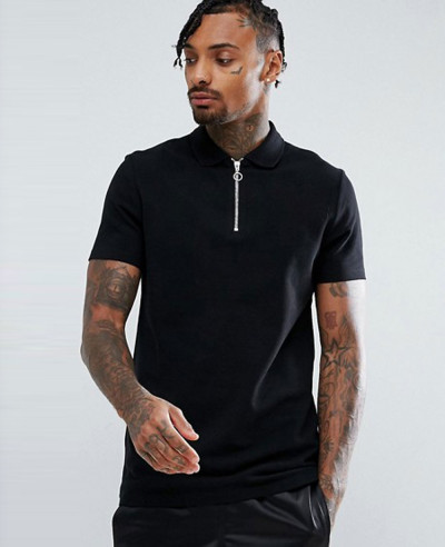 Pique-Polo-With-Zipper-Neck-In-Black