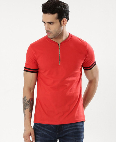 Striped-Sleeve-Polo-Shirt-With-Zip