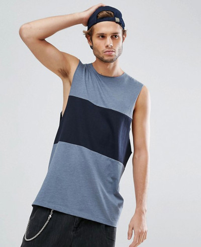 Vest-With-Dropped-Armhole-and-Contrast-Panel-In-Blue-Tank-Top