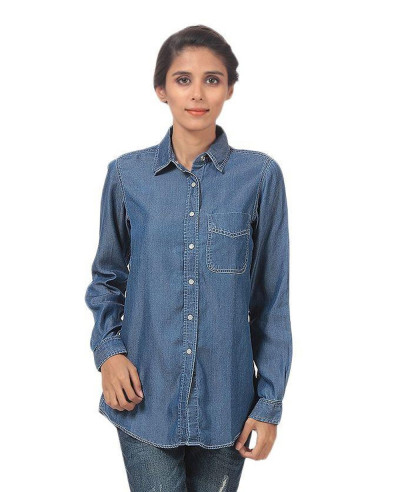 Women-Dark-Blue-Silky-Tencel-Denim-Button-Down-Shirt-With-White-Snap-Buttons