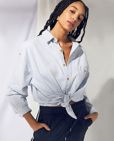 Women-Grey-Vintage-Denim-Oversized-Button-Down-Shirt