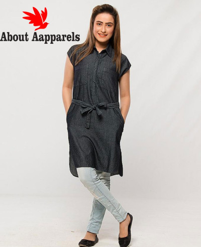 Women-Long-Dark-Grey-Denim-Shirt-Waist-Belt-&-Capped-Sleeves