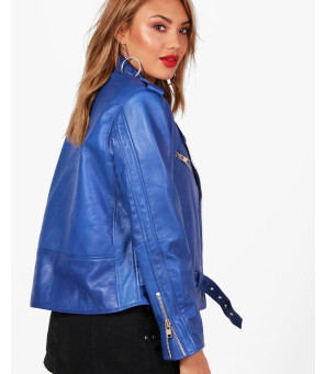 New-Custom-Blue-Women--Leather-Biker-Jacket