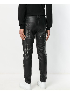 Biker-Trouser-Men-Leather-Denim-Splices-Skinny-Pencil-Punk-Casual-Zip-Pant