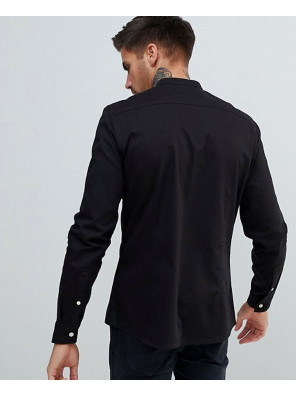 High-Quality-Men-Stretch-Slim-Denim-Shirt-With-Grandad-Collar-In-Black
