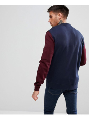 Jersey-Bomber-Jacket-With-Contrast-Sleeves-And-Pocket-In-Navy
