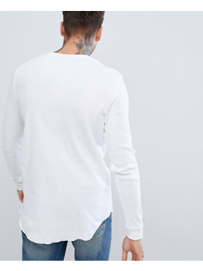 Longline-Long-Sleeve-Waffle-With-Curved-Hem-In-White-T-Shirt