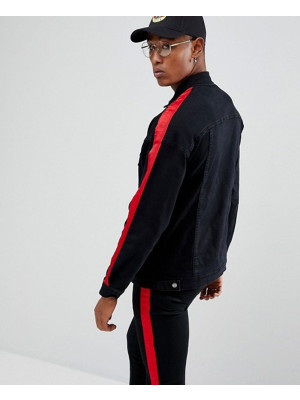 Denim-Jacket-In-Black-With-Red-Stripe