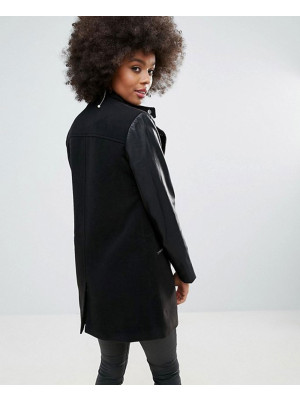 Faux-Leather-Sleeved-Collarless-Biker-Jacket-Black