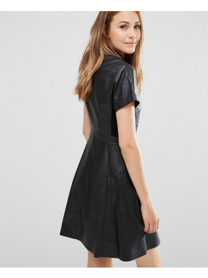 Women-Faux-Leather-Shirt-Dress-with-Short-Sleeves