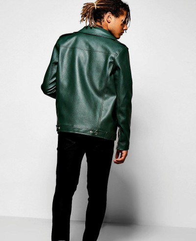 Asymmetric Faux Leather Green Biker Jacket