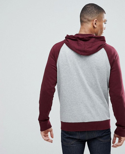 Burgundy Grey Full Zip Up Contrast Sleeve Stylish Hoodie