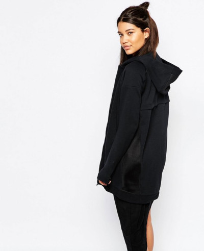 Cotton Fleece Cocoon Mesh Longline Zipper Front Hoodie