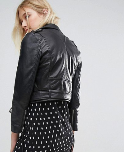 Cropped Leather Biker Jacket With Belt