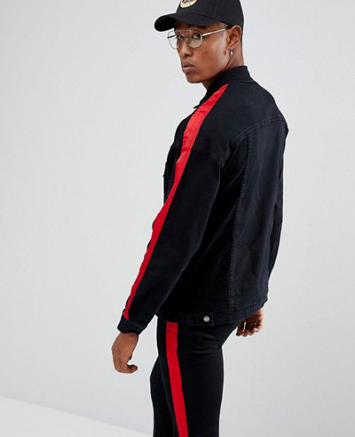 Denim-Jacket-In-Black-With-Red-Stripe