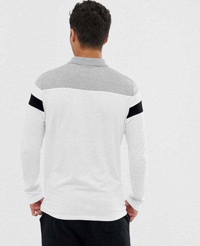 Design Long Sleeve Polo Shirt With Zipper Neck & Body Sleeve Color Block In White