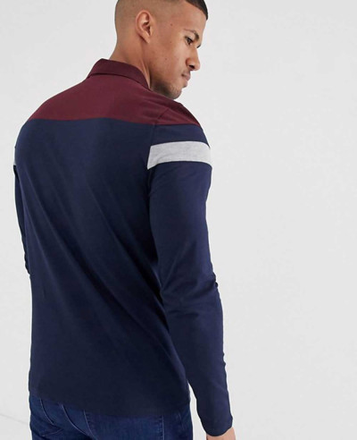 Design Long Sleeve Polo Shirt With Zipper Neck & Color Block In Navy