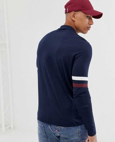 Design Organic Long Sleeve Polo Shirt With Contrast Sleeve Stripe In Navy