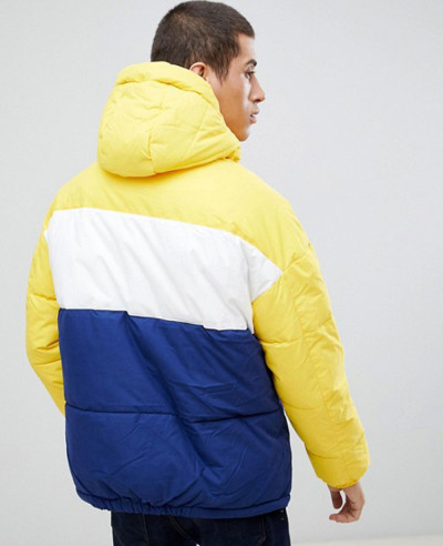 High Quality Hooded Puffer Jacket Color Block Regular Fit In Yellow Blue