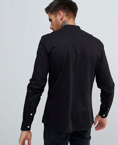 High Quality Men Stretch Slim Denim Shirt With Grandad Collar In Black