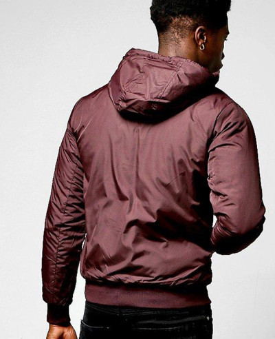 Hooded Padded Cagoule With Detailing Windbreaker Jacket in Burgundy