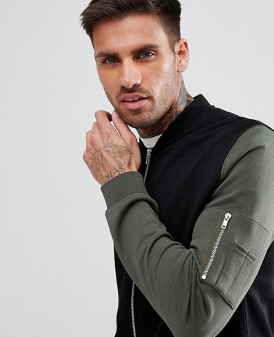 Jersey Bomber Jacket With Contrast Sleeves And Pocket In Black