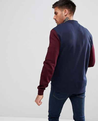 Jersey-Bomber-Jacket-With-Contrast-Sleeves-And-Pocket-In-Navy