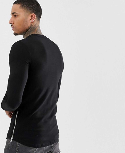 Latest Design Muscle Longline Sweatshirt With Curved Hem In Black With Silver Side Zipper
