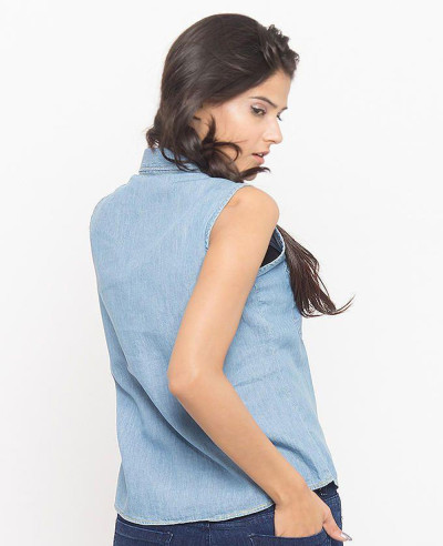 Light Blue Denim Short Button Down Cropped Shirt Pocket